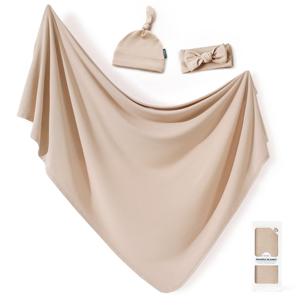 GRSSDER Newborn Swaddle Blanket, Ultra Soft Jersey Receiving Blanket with Matching Headband and Beanie Set 33×44", Stretchy Baby Neutral Swaddle Wrap for Girls and Boys