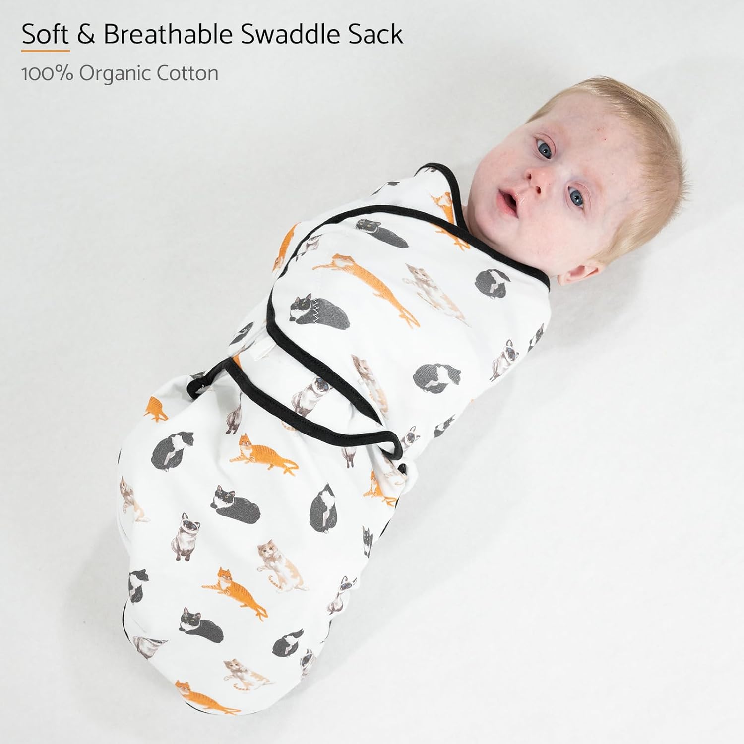 LollyBanks Baby Swaddles, 100% Organic Cotton Swaddle for Newborns Boys and Girls, 0-3 Months Swaddle Sacks with Easy Change Zipper, Newborn Swaddles Baby Registry (Cat Print)