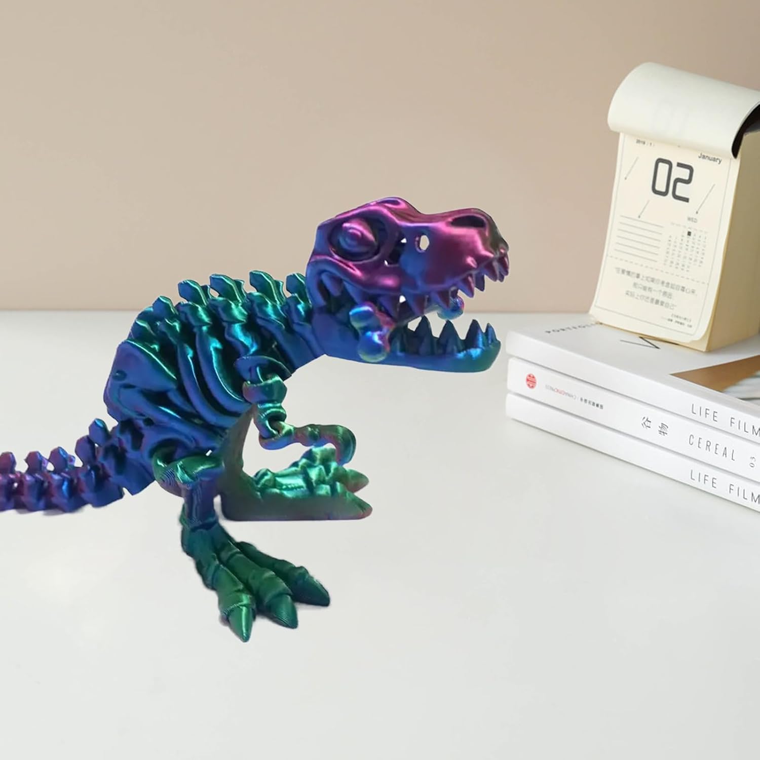 3D Printed Dinosaur Bone Skeleton Tyrannosaurus Rex with Movable Jaw Fidget Dinosaur Toys Full Articulated Dinosaur Executive Desk Toys Home Office Decor, Purple Mix Green