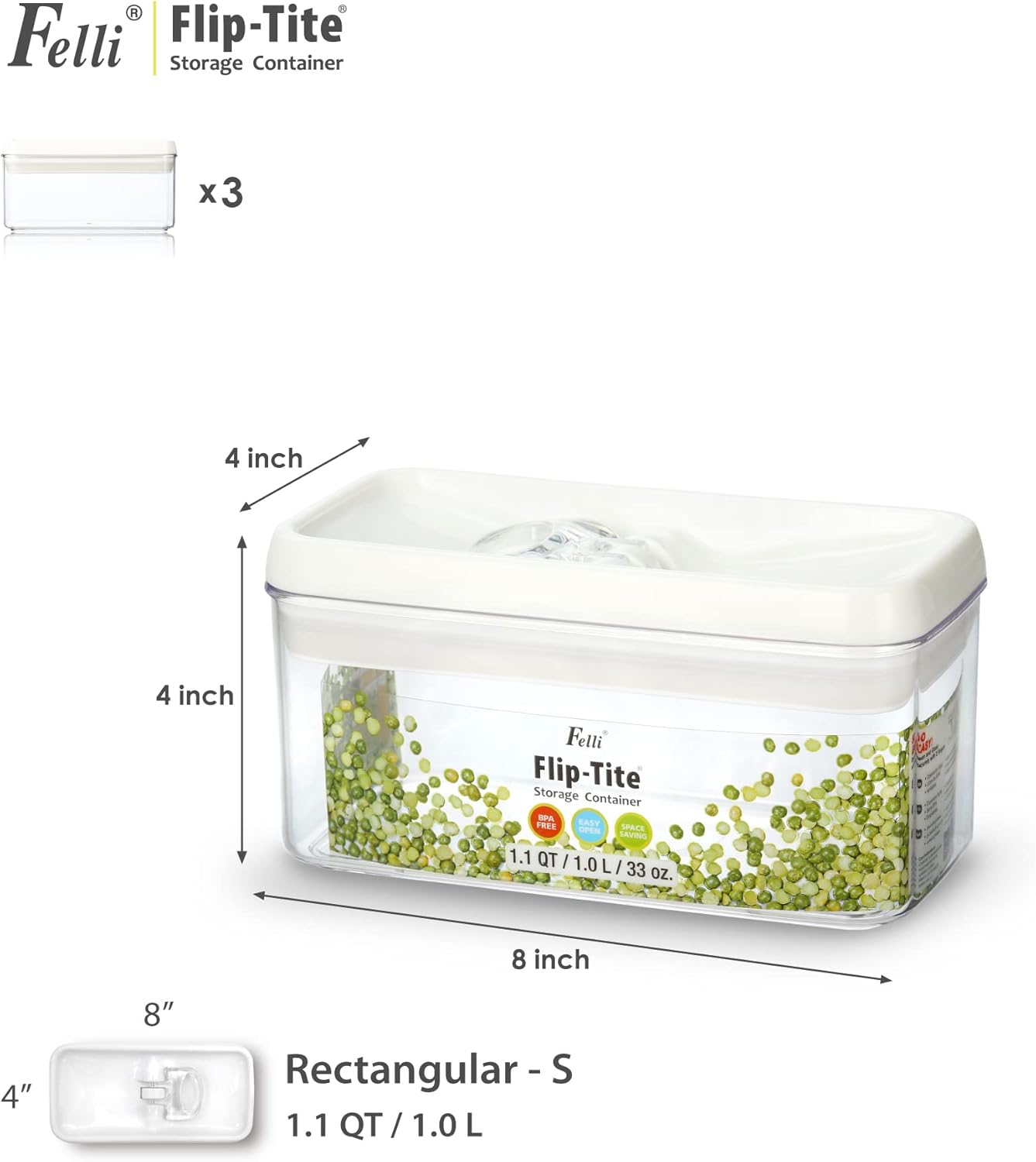 Felli Flip Tite Food Storage Container with Lid 4” RECTANGLE Airtight Ring Flip Lock Top, Stackable Acrylic Canister Set for Kitchen Fridge Pantry Organizer, Veggie Fruit Tea Bag Snack (1.1 qt)