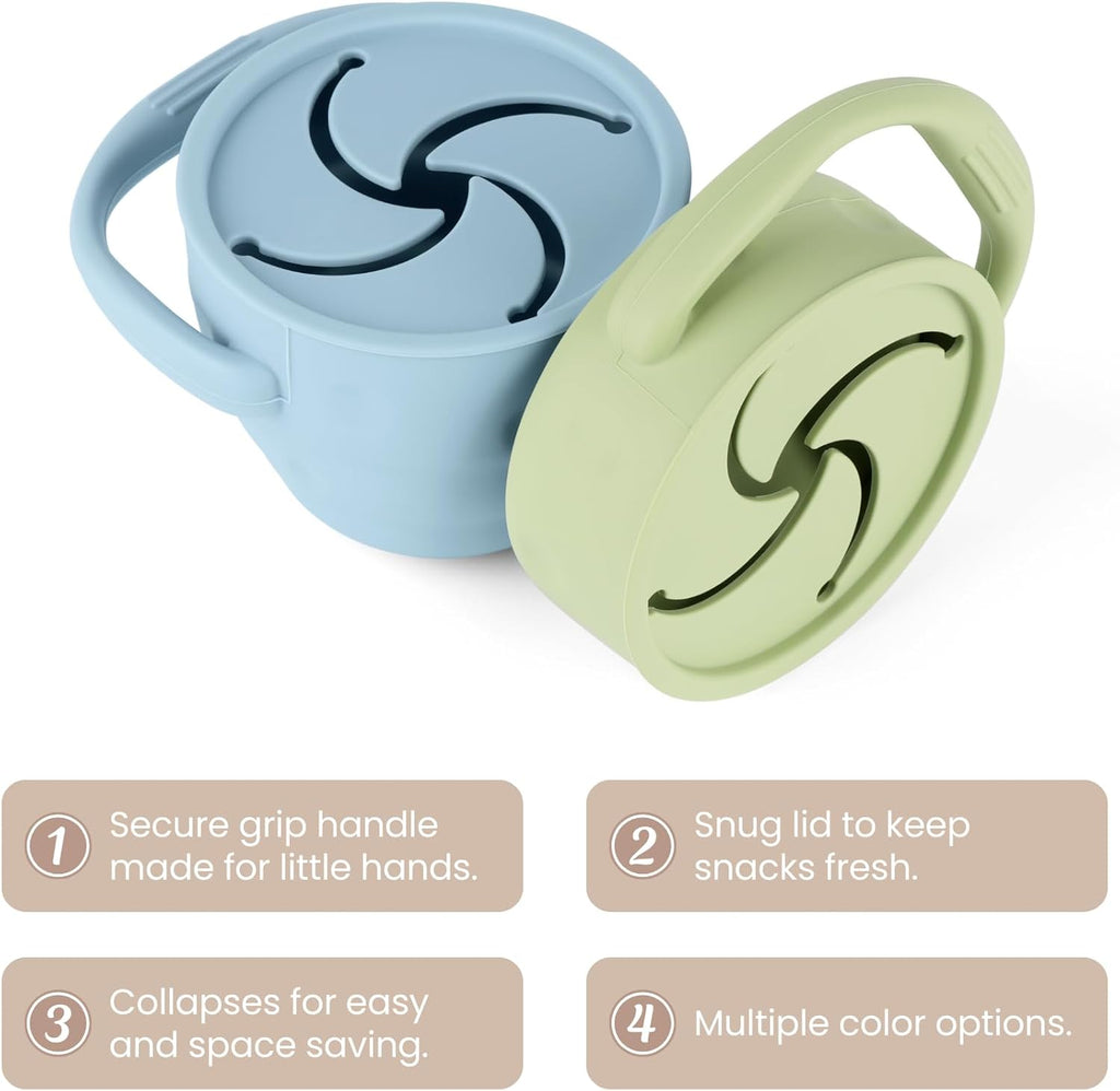 Silicone Snack Cups for Toddlers, Snack Containers with Lids, Foldable Baby Food Catcher with Holders and Dustproof Lid, 2 Pack (Color 1)