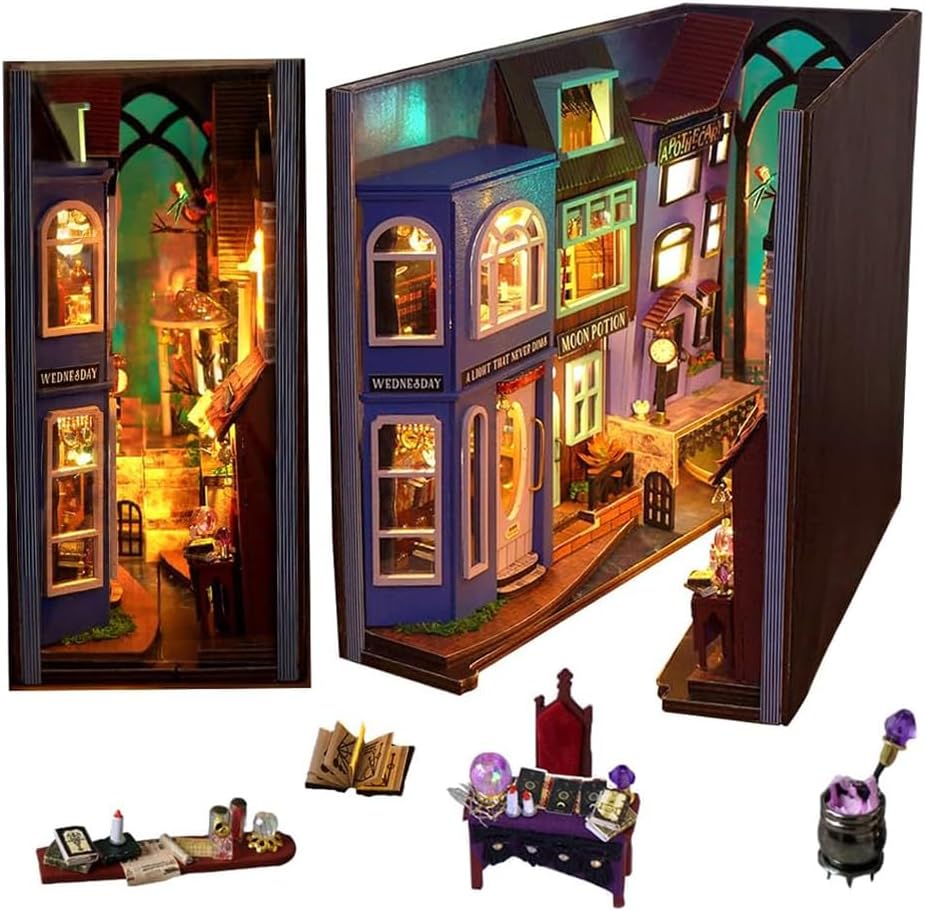 WYD DIY Bookstand Kit British Magic House Street View Architectural Model Handmade Desk Insert Decoration Wooden Mini Doll House Youth and Adult Best Gift
