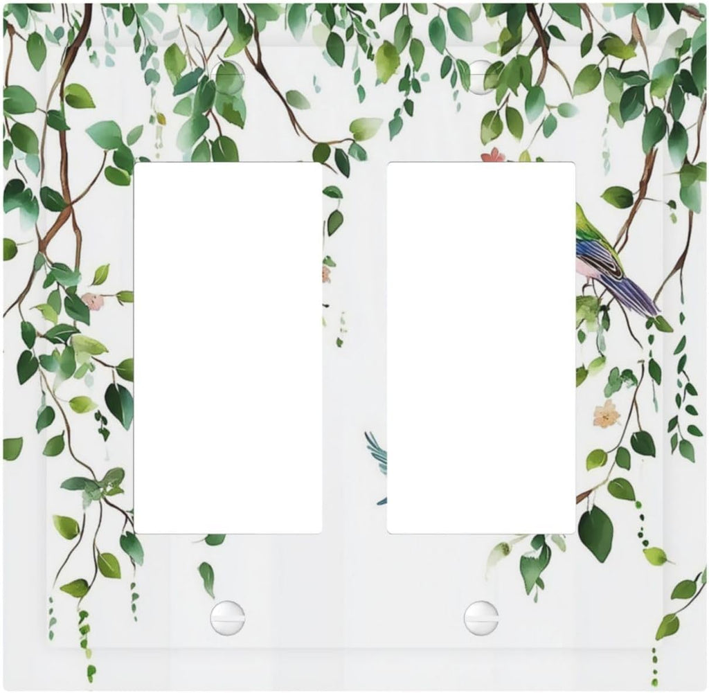 Decorative Outlet Covers Green Leaves Bird Eucalyptus Sage Plant 2 Gang Double Gfci Rocker Electrical Wall Panels Light Switch Cover Plate For Bed Room Living Room Decor