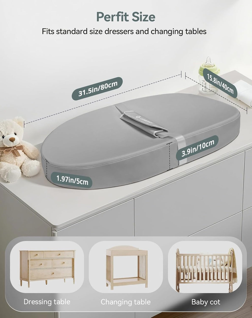 COMOMY Baby Changing Pad with Wipeable & Waterproof PU Cover, Contoured Diaper Changing Pad for Dresser with Non-Slip Safety Belt, Portable and Lightweight, Large Cushioned Foam, Gray