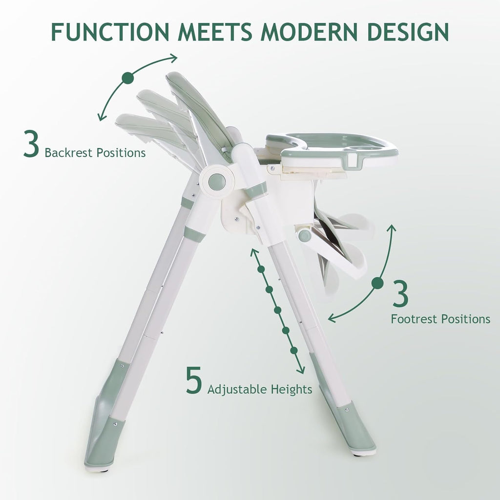3 in 1 Baby High Chair with Wheels, Adjustable 5 Point Harness, Tray, Foot Rest, Backrest and Seat Height, Foldable High Chair for Toddlers, Green