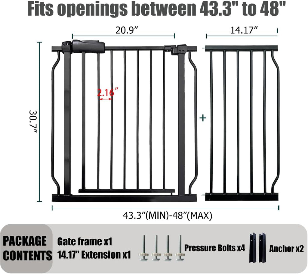 Extra Wide Baby Gate - 43.3-48 Inch Tension Mounted Safety Child & Pet Gate - Black Metal - Walk Through - Long - for House Doorways & Stairs, 30 Inch Tall