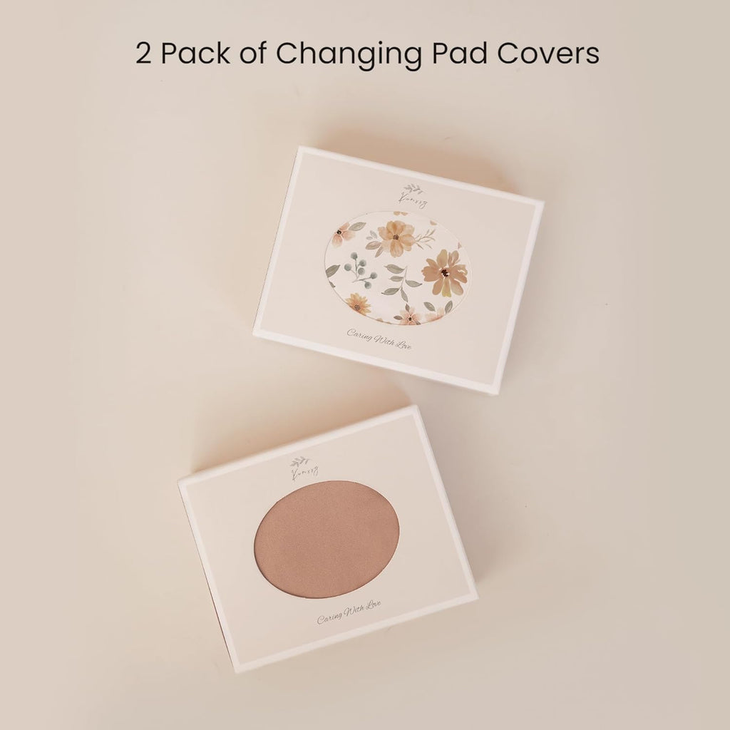 Konssy 2 Pack Stretchy Changing Pad Covers for Girl, Boy, Silky Soft Changing Table Cover, Breathable Baby Nursery Diaper Chang Pad Sheets (Toffee, Flourish)