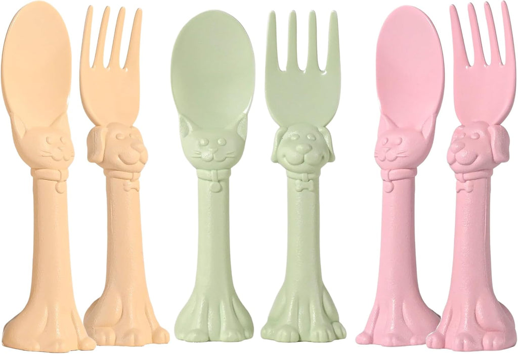 Made in USA Spoon la la Toddler Utensils Set - 6 Pack (3 Spoons & 3 Forks for Kids) - Self-Standing 3D Ergonomic Cat & Dog Handles - BPA-free, Dishwasher Safe, Baby Silverware (Pink, Yellow, Mint)