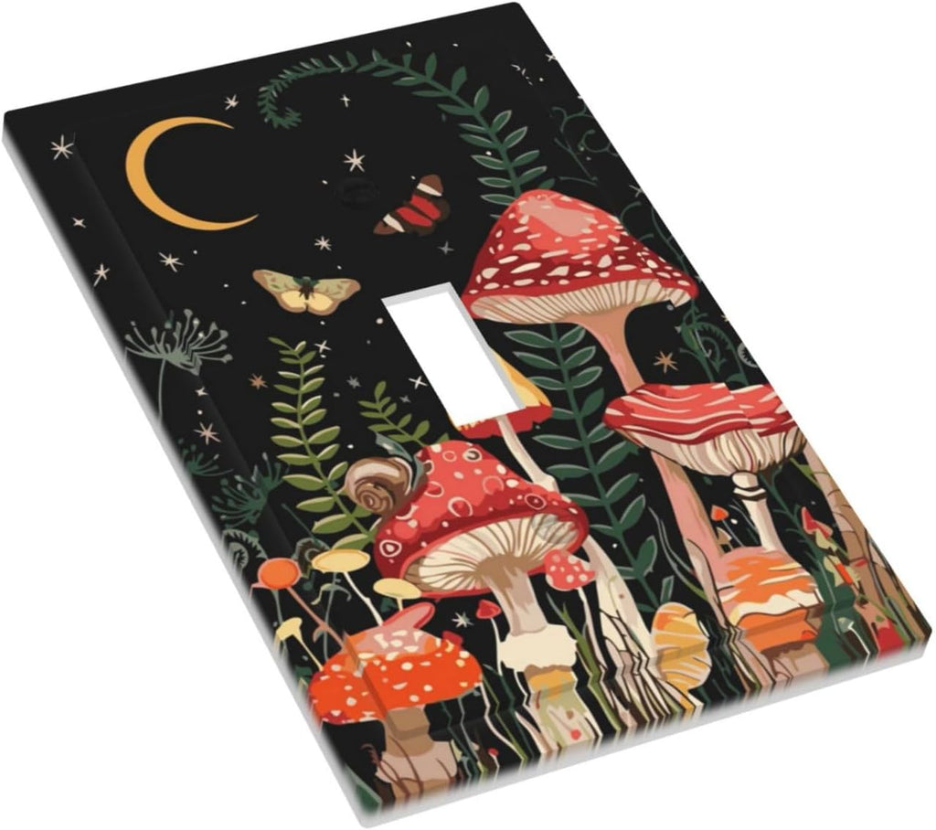 Moon Star Red Mushroom Forest Butterfly Green Plant Decorative Light Switch Cover 1 Gang Single Toggle Device Electrical Faceplate Switchplates Decorator Outlet Wall Plate for Kids Room Home Decor