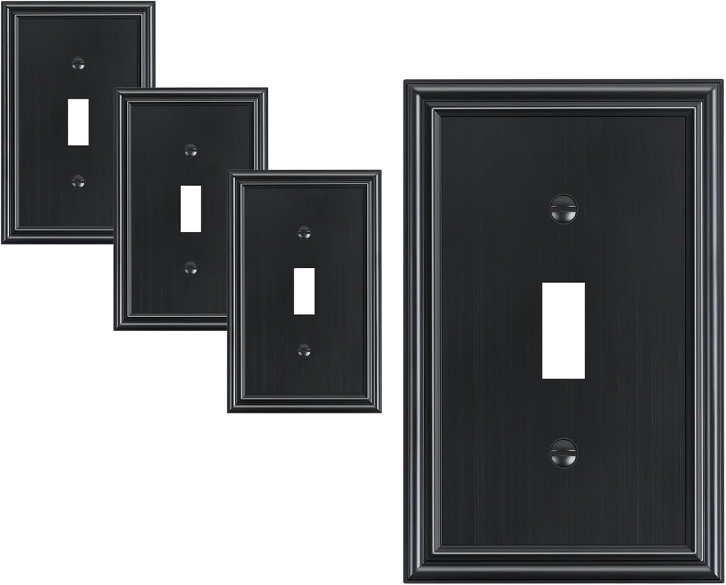 4-Pack Single Toggle Light Switch Cover Plate, Durable Solid Zinc Alloy Decorative Switch Plate Covers, Black 1 Gang Wall Plate, Corrosion Resistant