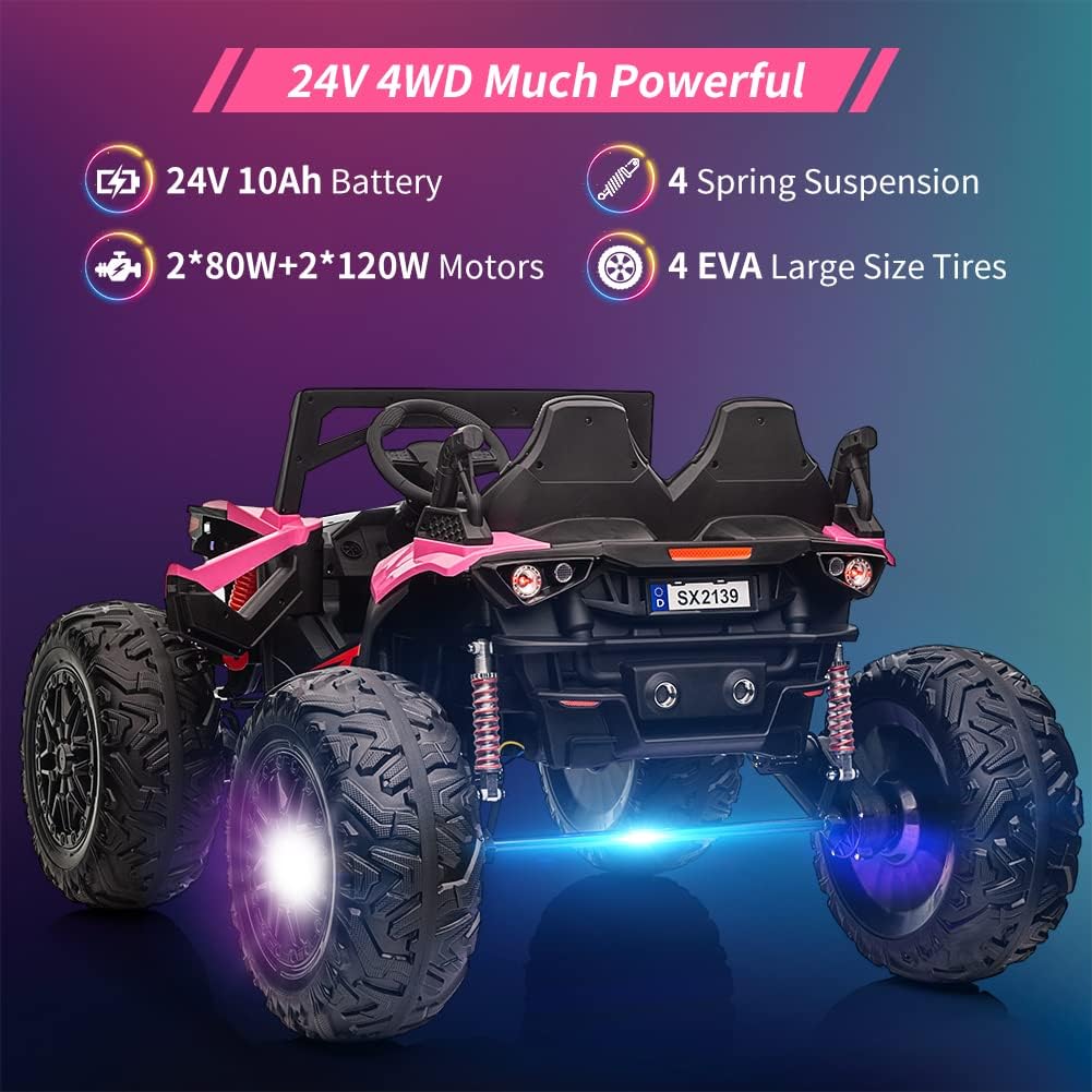 2 Seaters 24V Ride on UTV with Remote Control,10AH Battery, 400W Powerful Motors with 17" EVA Wheels, 20.5“ Seat Width Electric Ride Toy with Metal Suspension,LED Lights,Music,Horn (Rose)