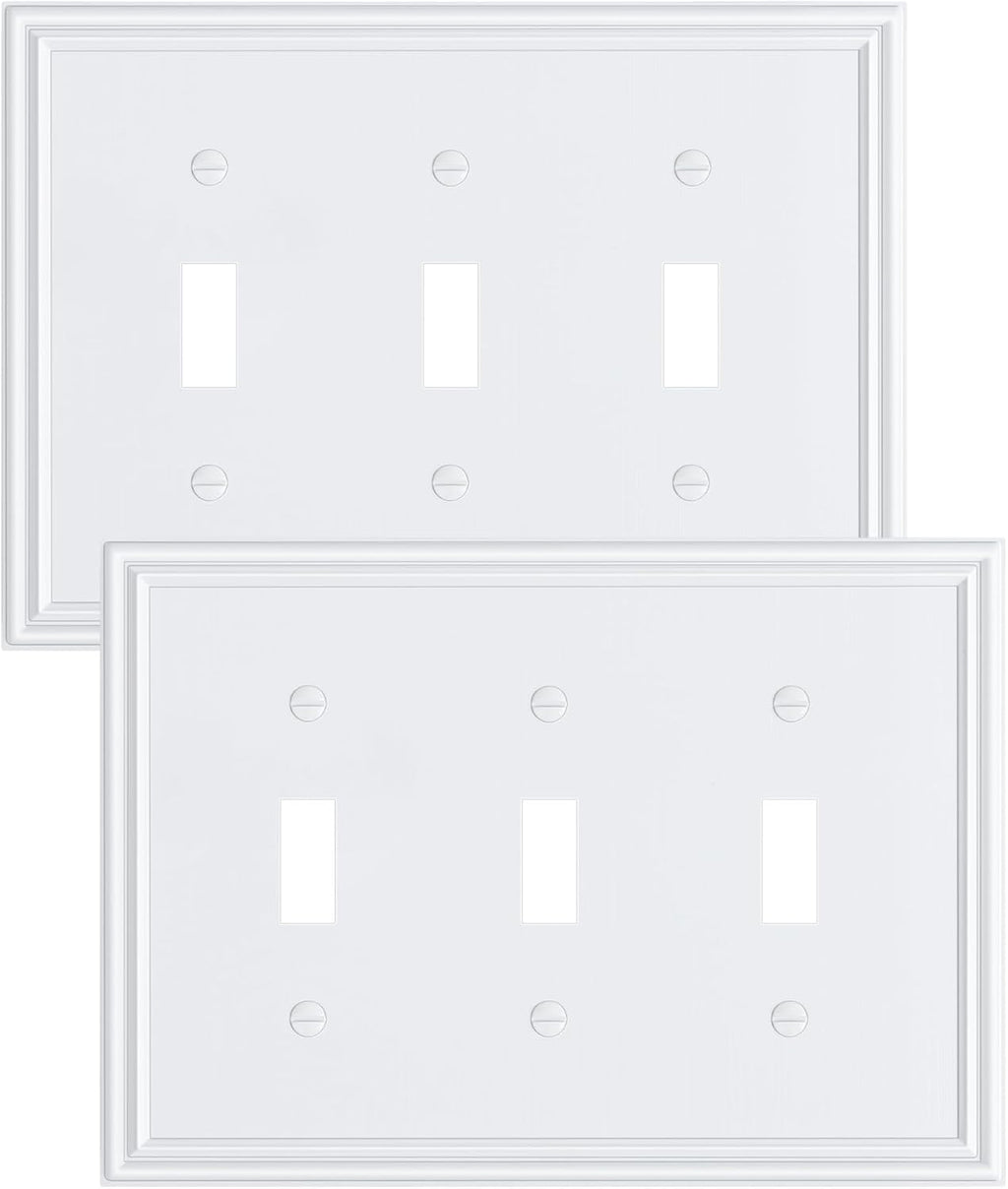 2-Pack Triple Toggle Light Switch Cover Plate, Durable Solid Zinc Alloy Decorative Switch Plate Covers, Pure White 3 Gang Wall Plate, Corrosion Resistant