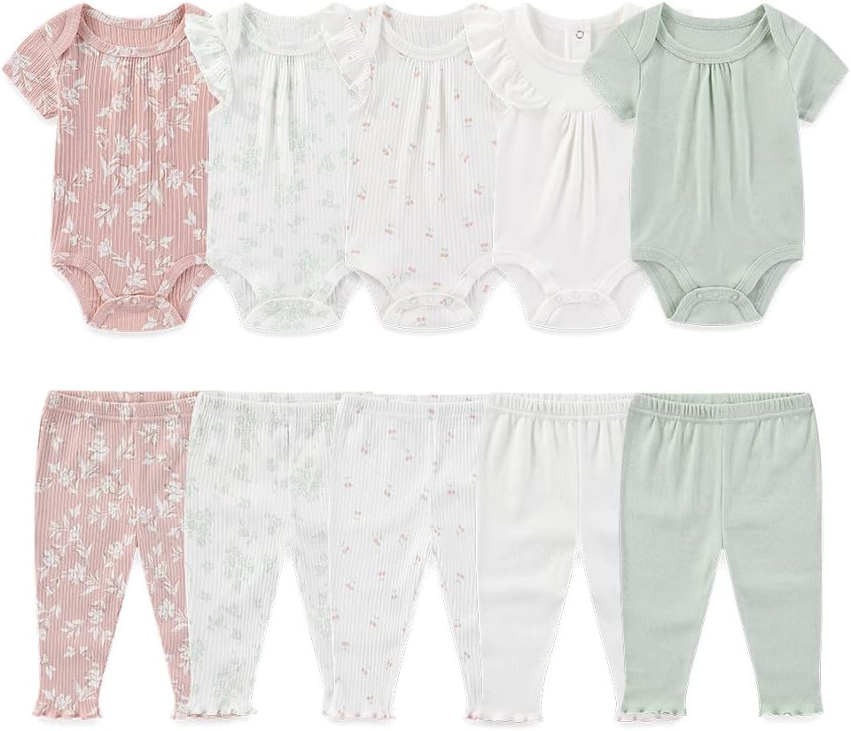 Kiddiezoom Newborn Baby Layette Set 10-Piece with Bodysuits and Pants Set for Unisex Baby Gift Sets