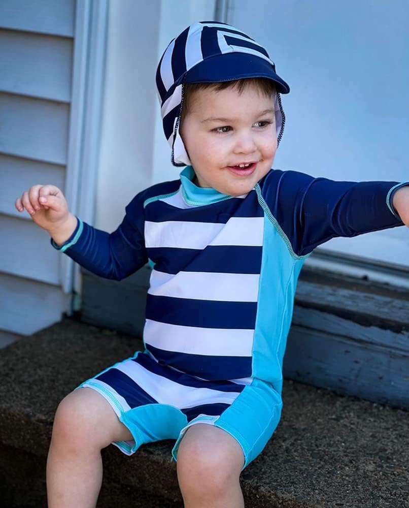 uideazone Baby Boys One Piece Swimsuit Long Sleeve UPF 50+ Rash Guard Bathing Suit Swimwear with Sun Hat 0-24 Months