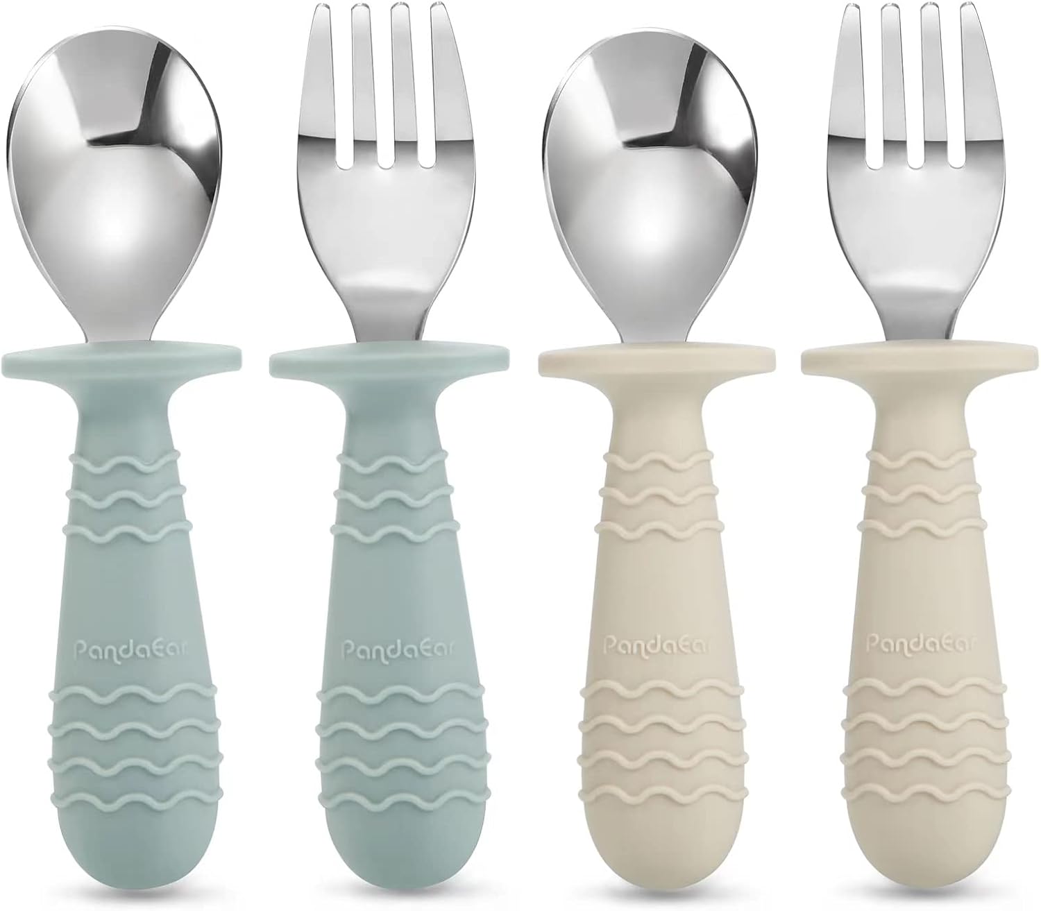 PandaEar 4 Set Baby Toddler Silicone Stainless Steel Utensils Silverware Spoon Fork for Baby Toddler BPA Free with Silicone Holding Anti-Choke Design