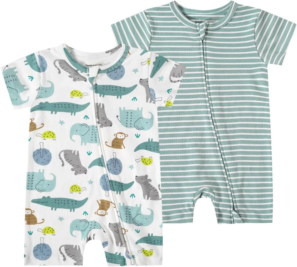 Teach Leanbh Unisex Baby 2 Pack Pajamas Cotton Short Sleeve 2 Way Zipper Printing Soild Romper Jumpsuit Sleep and Play