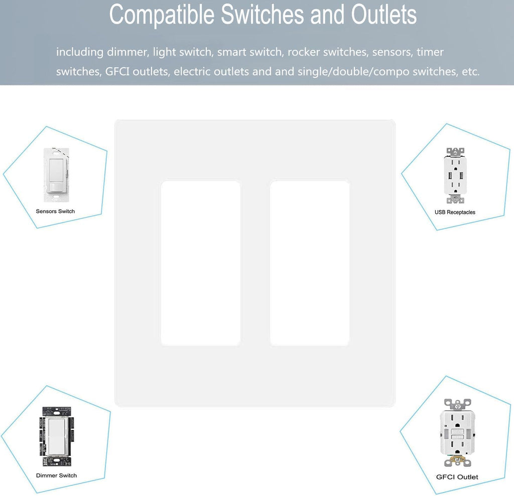 2-Gang Screwless Decora Wall Plate Cover Double Switch Outlet Electrical Faceplate for Light Switch, Smart Switch, Receptacle, Dimmers, USB Outlet, GFCI, Child Safe Cover Plate, White (4-Pack)
