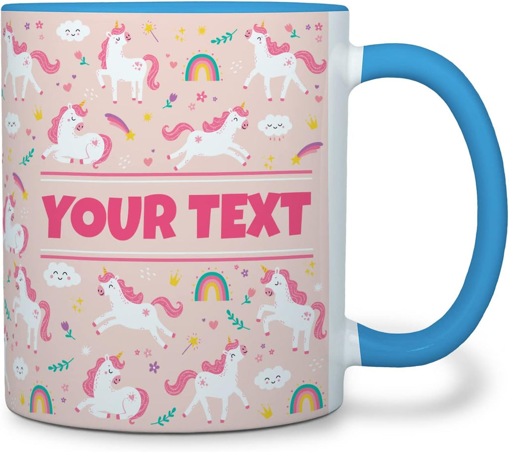 Personalized Mug for Kids - Pink Unicorn - Custom Name/Text, Ceramic Hot Chocolate/Cocoa/Coffee Cup for Girls, Birthday/Christmas/Holiday Gift - 11 oz, Light Blue Handle
