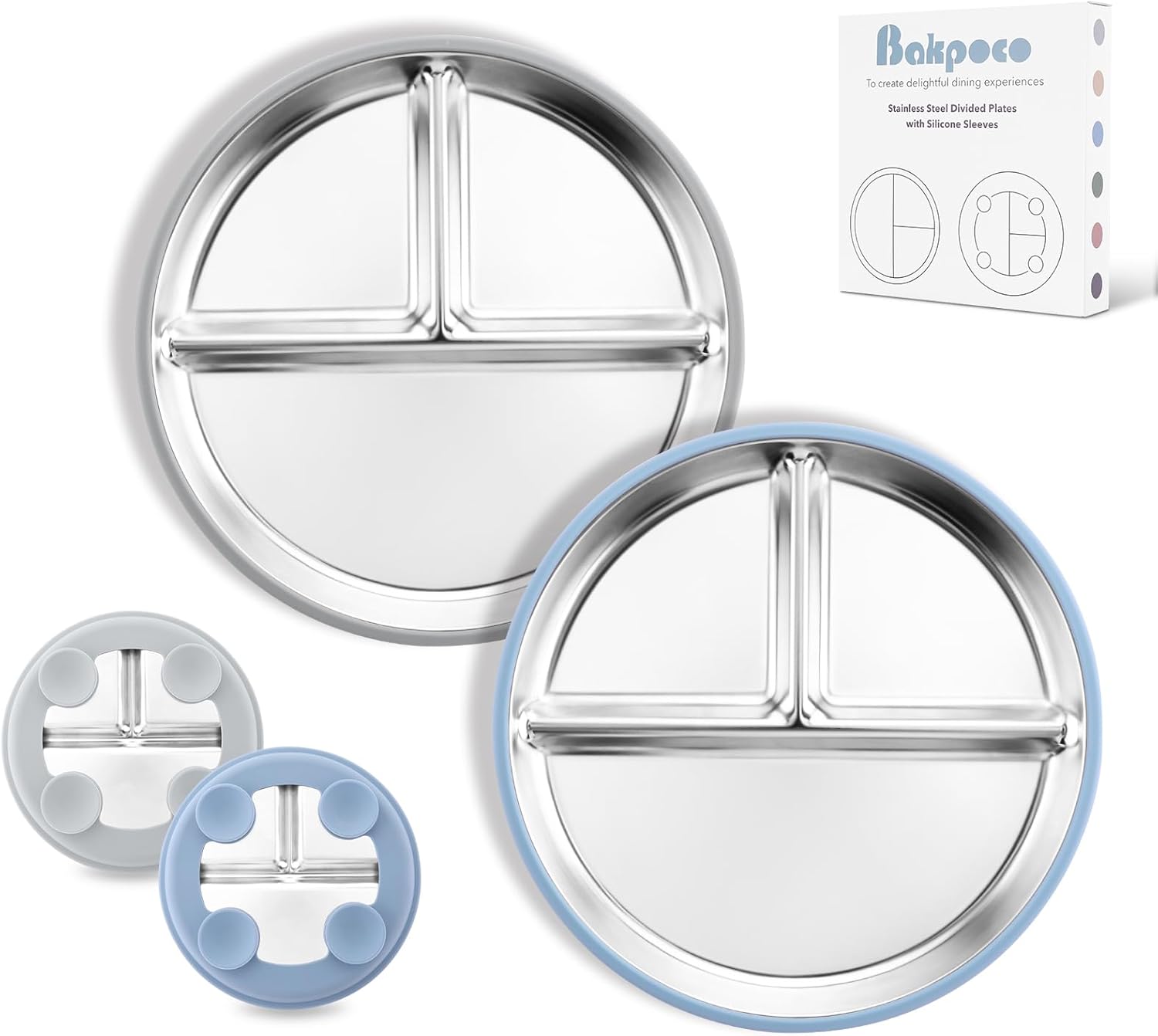 8" Stainless Steel Toddler Plates with Suction, Divided Plates with Removable Silicone Sleeves for Baby, Non Toxic & BPA Free |Unbreakable |Dishwasher Safe Dinnerware Set of 2, Blue & Gray