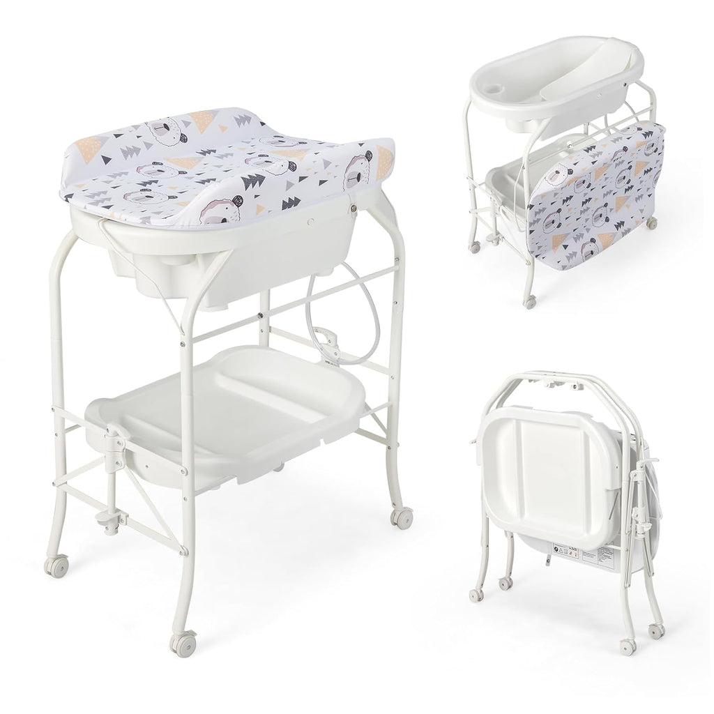 HONEY JOY Baby Changing Table with Bathtub, Foldable Infant Diaper Changing Station with Wheels, Storage Tray, Waterproof Pad, Portable Newborn Nursery Organizer Bath Stand for Boys Girls (White)