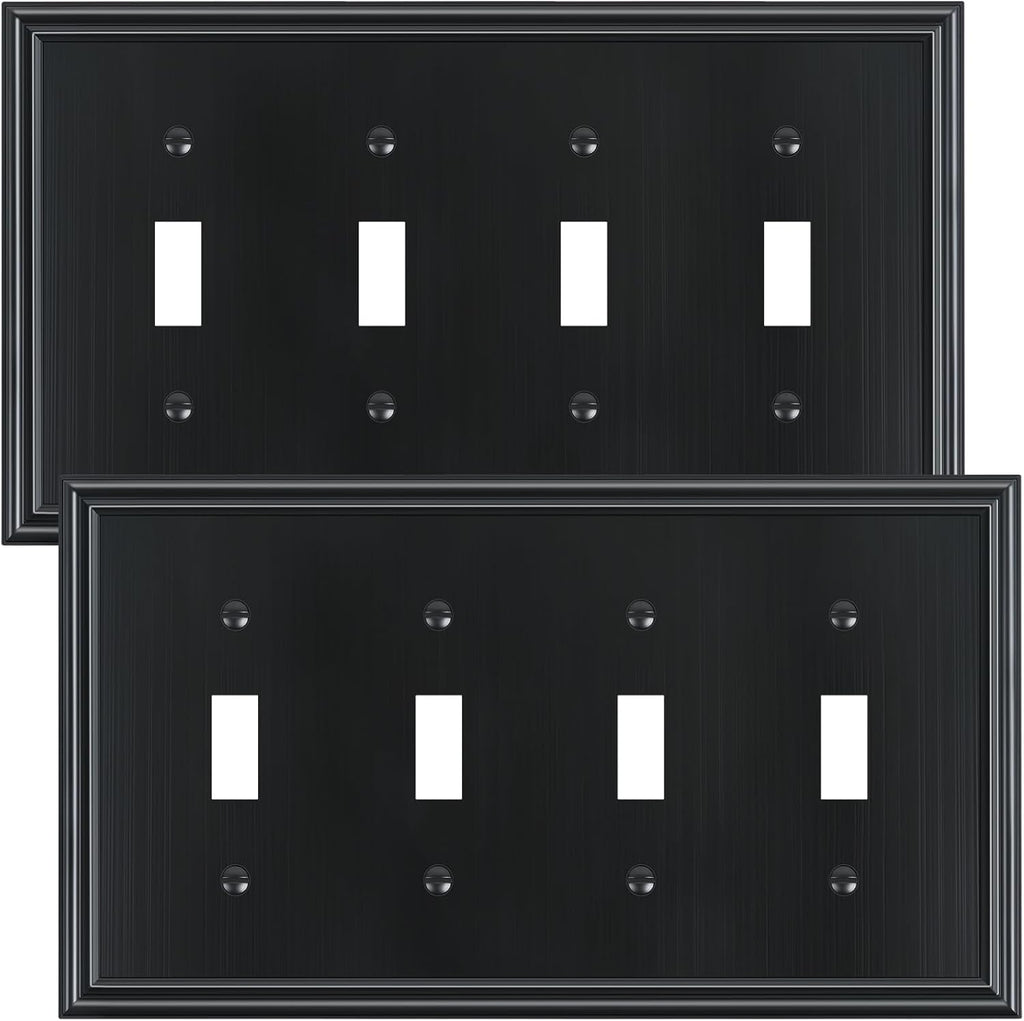 2-Pack Quad Toggle Light Switch Cover Plate, Durable Zinc Alloy Decorative Switch Plate Covers, Black 4 Gang Wall Plate for Toggle Light Switch and Rotary Dimmer Switch