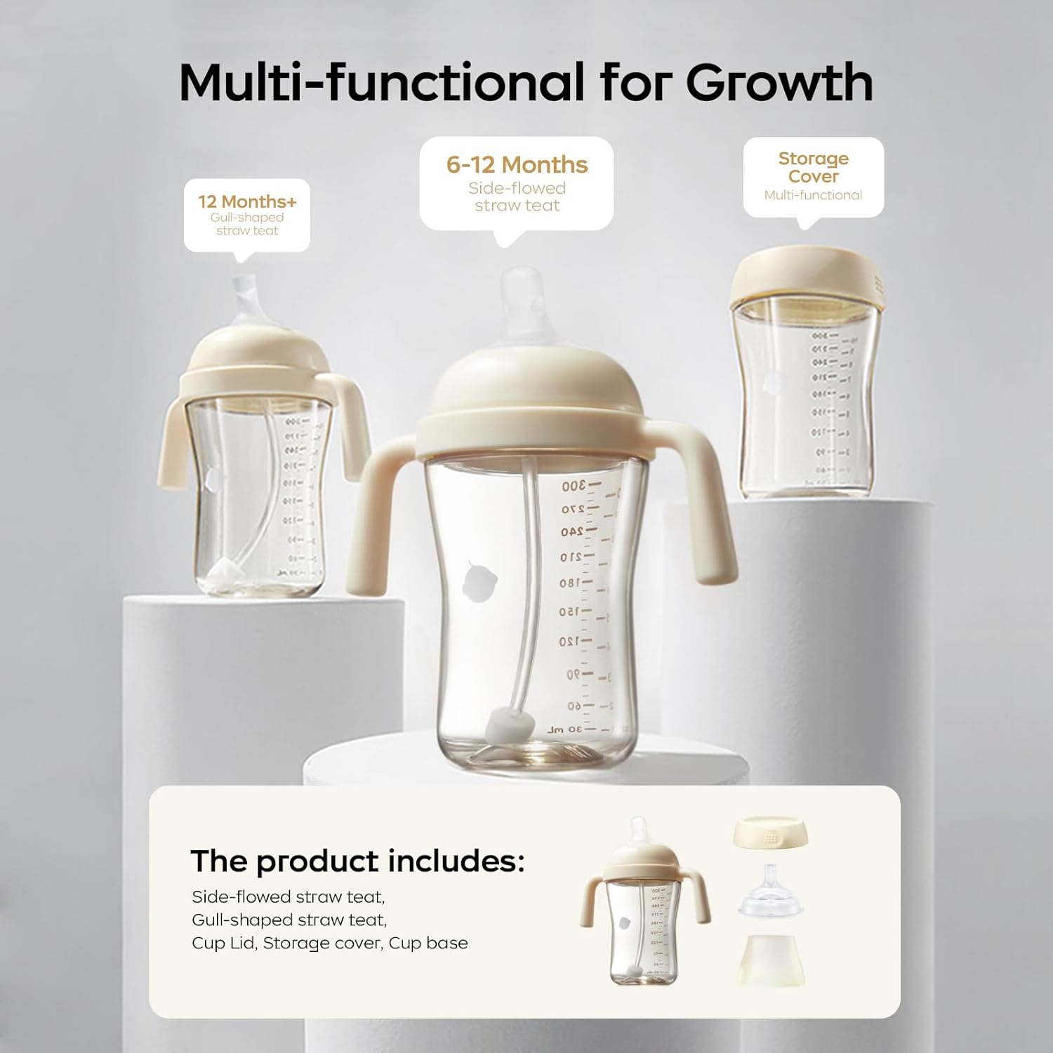 bc babycare Sippy Cup Learner for 6+ Month Old with Nipples & Handles, Spill Proof Sippy Cup, Weighted Straw Toddler Cups, Anti-Choking Baby Cups 1 Pack,Beige