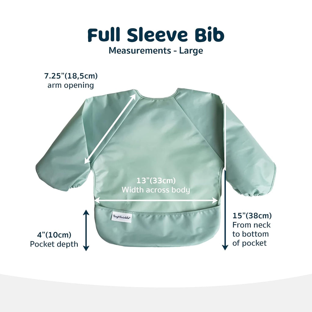 Tiny Twinkle Mess Proof Baby Bibs, 2pk Waterproof Smock Baby Bibs for Eating, Machine Washable Long Sleeve Bibs, Baby Led Weaning, Toddler Bibs, BLW Supplies (Sage Charcoal, Large 2-4 Years)