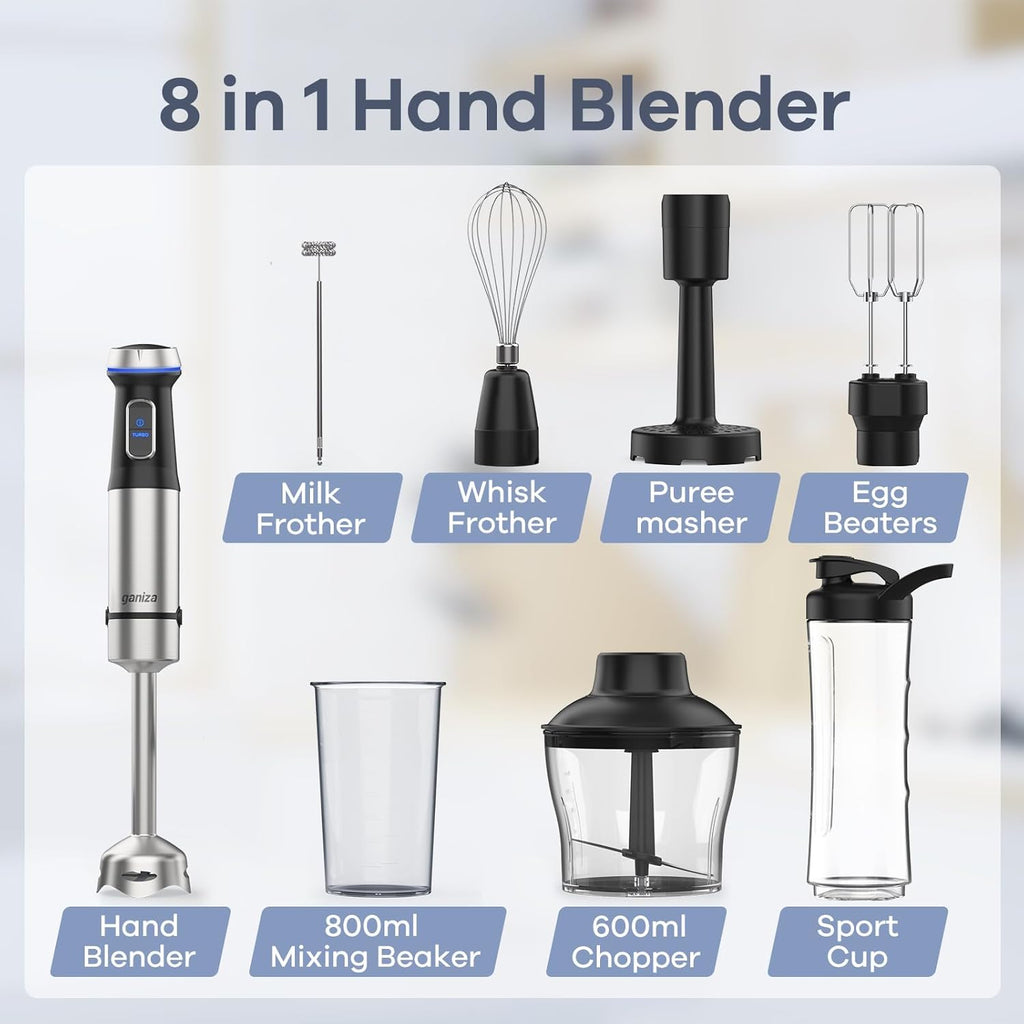Ganiza 8 in 1 Immersion Blender - 1000W Heavy Duty Motor, 16 Speed Mode Handheld Blender With Stainless Steel Shaft - Includes 8 Total Pieces