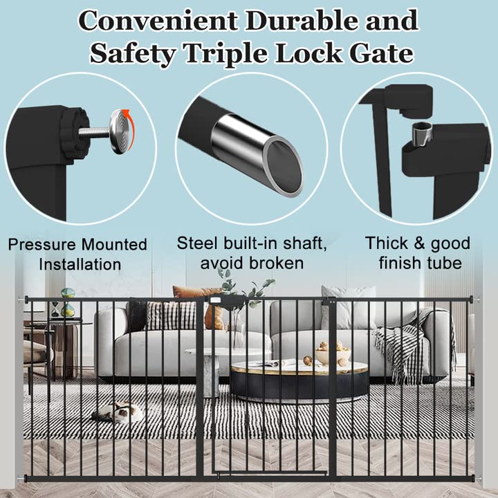 WAOWAO Triple Lock Baby Gate Extra Wide 49.21-53.14" Pressure Mounted Walk Through Swing Auto Close Safety Black Metal Dog Pet Puppy for Stairs,Doorways,Kitchen