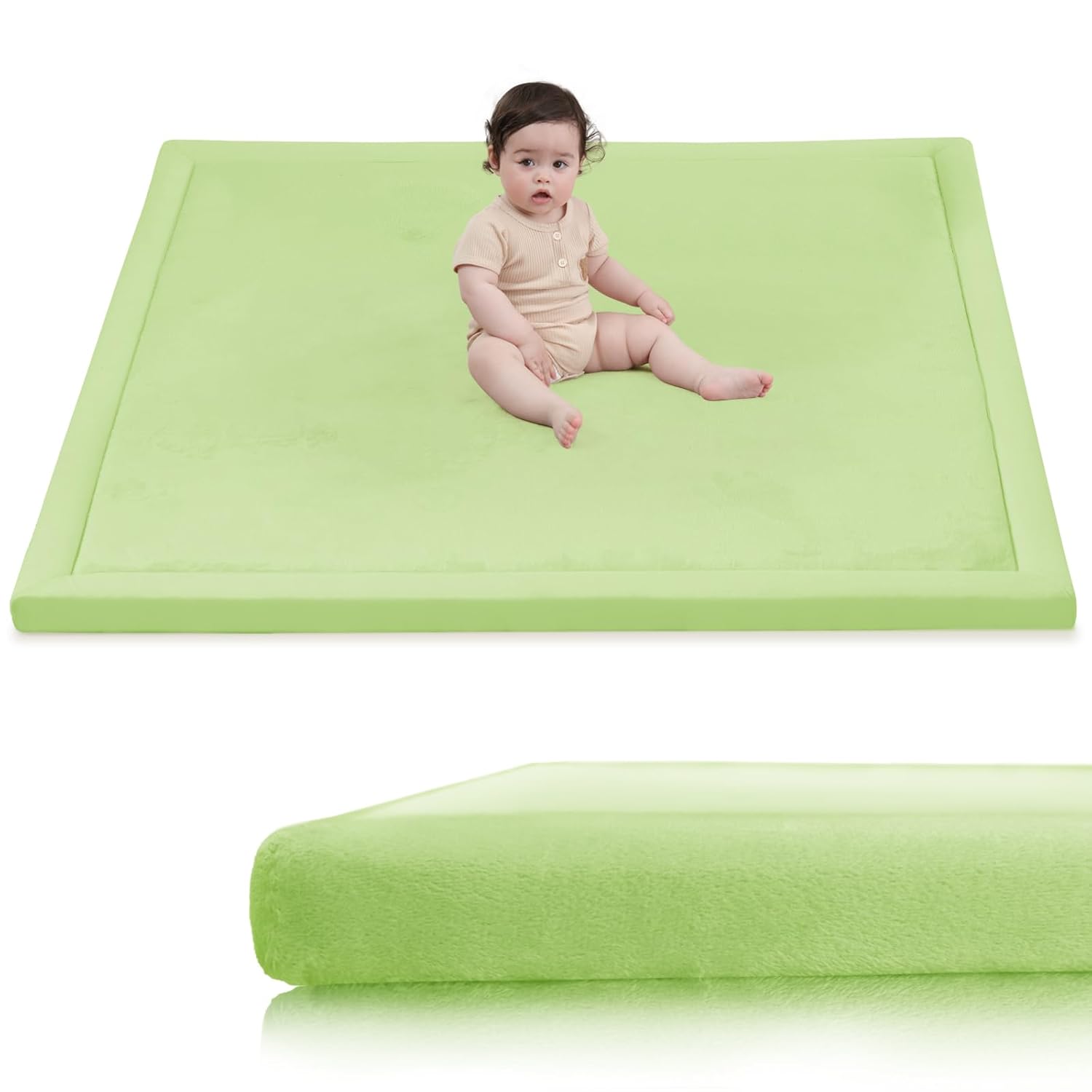 Baby Play Mat for Floor,1.3"Thick Elasti-Foam 50x50 Playpen Mat for Toddlers Infant kids,Water-Repellent Soft Velvet for Tummy Time,Non-Slip Backing for Crawling,Tatami Style(Light Green)