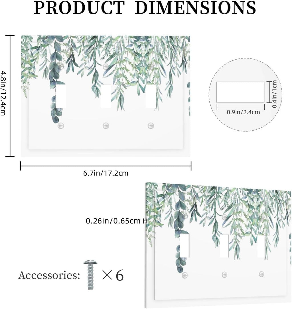 Eucalyptus Leaves Greenery Vine Flowers Simplicity Decorative Switch Plates 3 Gang Wall Plate Triple Toggle Light Switch Cover Faceplate Electrical Wall Panels for Bed Room Living Room Decor