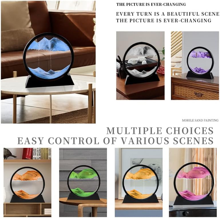 Moving Sand Art Picture 3D Deep Sea Sandscapes Sand Art Liquid Motion Bubbler Timer for Adult Kid Desktop Art Toys for Home Decor and Office(Round+Black+10In)