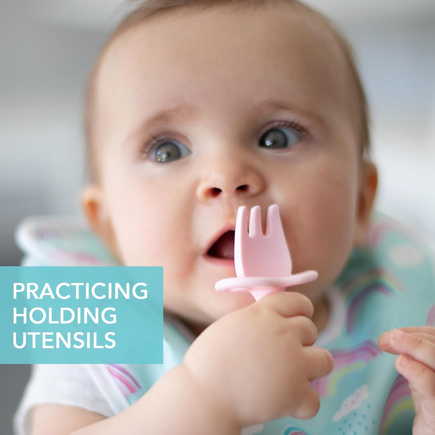 Bumkins Baby Utensils Set, Chewtensils Silicone Spoons for Dipping, Self-Feeding, Baby Led Weaning, Trainer Learning, First Stage Eating, Soft Practice Fork and Spoon, Babies 6 Months, Pink