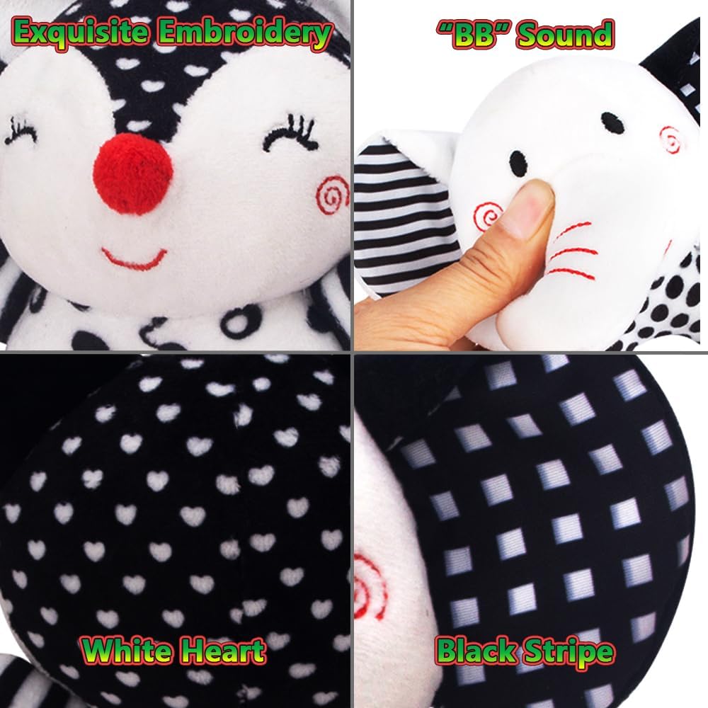 D-KINGCHY Baby Toys 0-12 Months, Black and White Newborn Toys, Soft Plush Rattle Stuffed Animal Toy with Teether and Sound, Developmental Hand Grip Toys (Elephant)