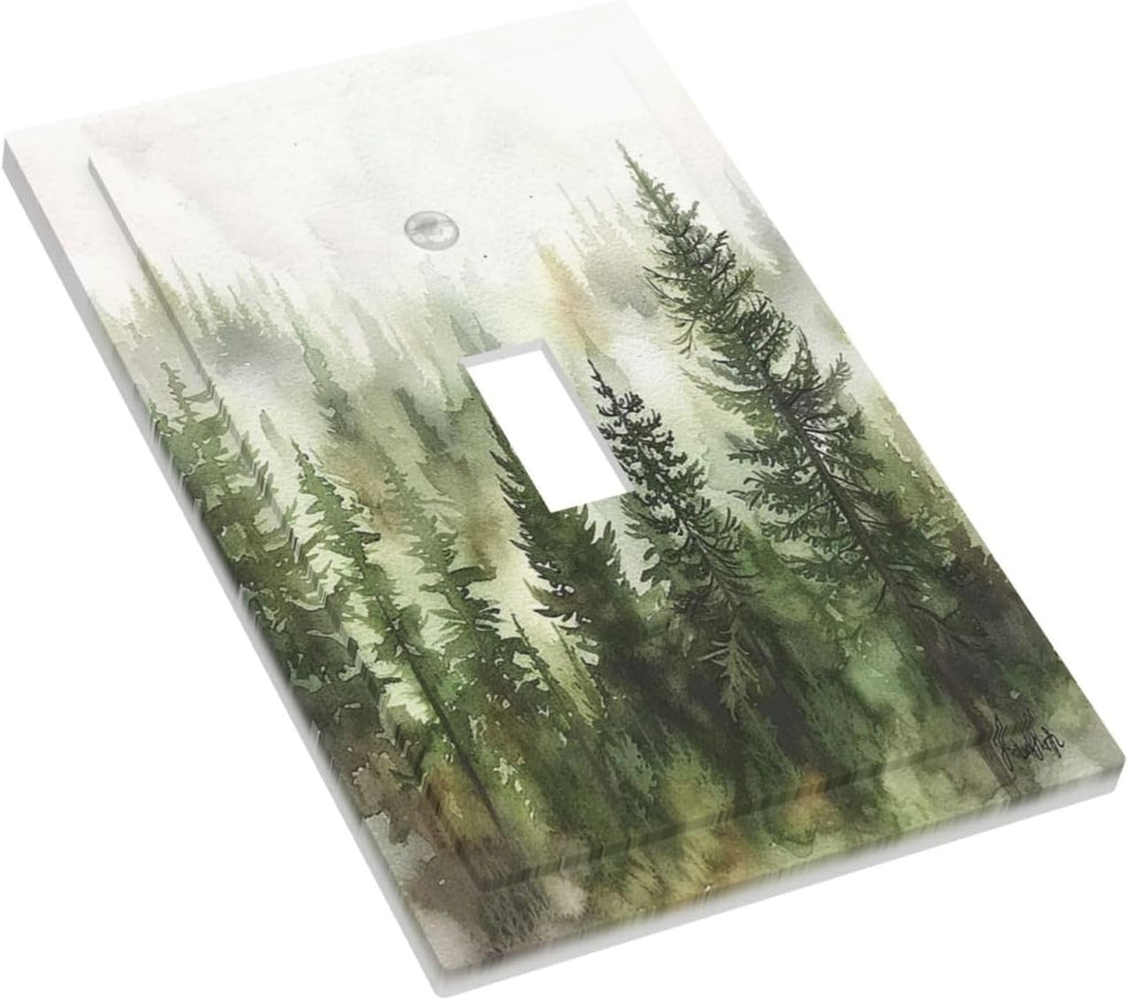 Decorative Light Switch Cover Green Forest Watercolor Painting Foggy Pine 1 Gang Single Toggle Device Electrical Faceplate Switchplates Decorator Outlet Wall Plate for Bedroom living Room
