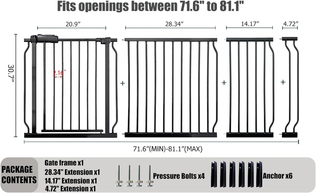 Heavy Duty Baby & Pet Safety Gate - Extra Wide 76.4-81.1 Inch, Black Metal, Pressure Mounted, Walk-Through