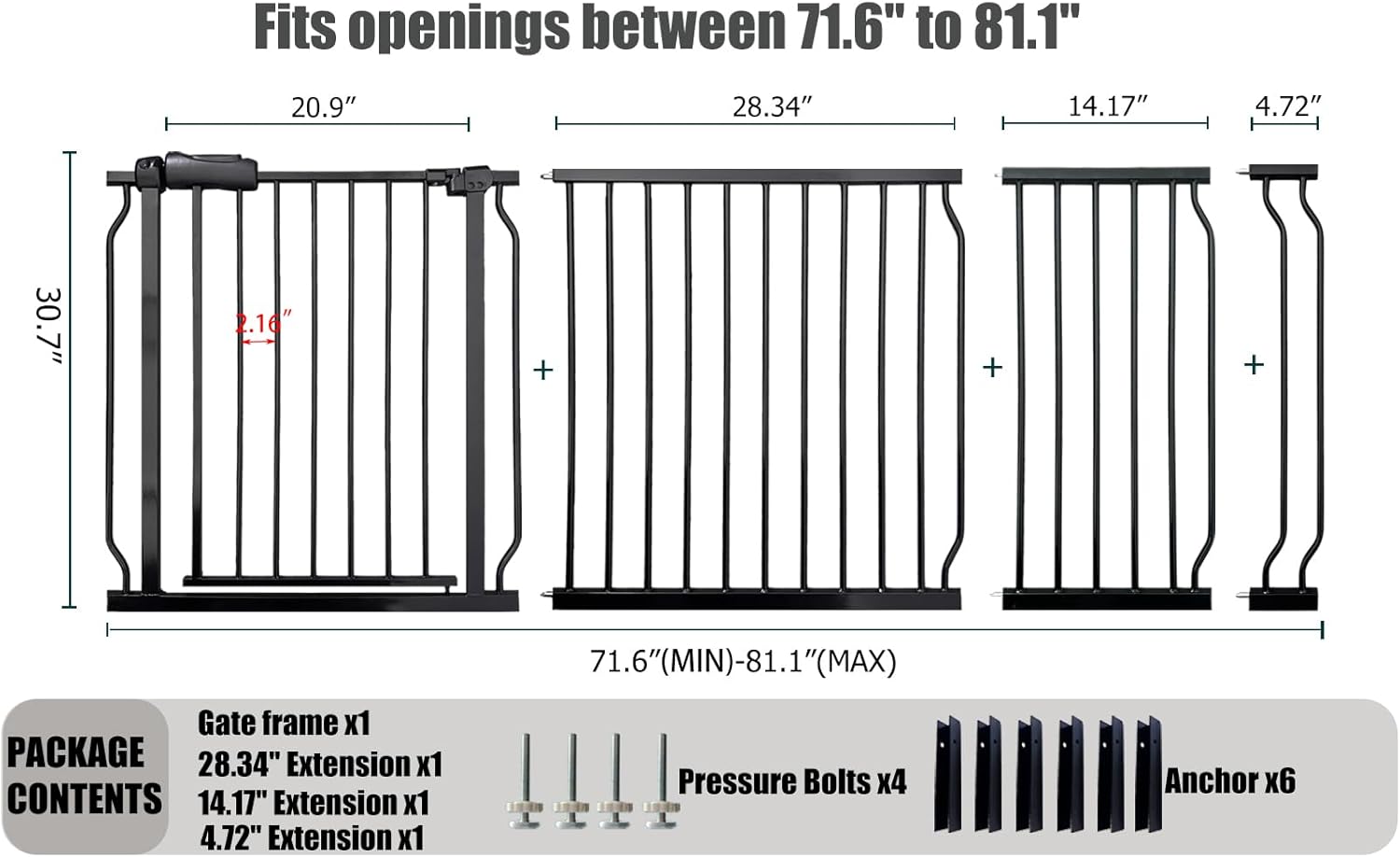 Heavy Duty Baby & Pet Safety Gate - Extra Wide 76.4-81.1 Inch, Black Metal, Pressure Mounted, Walk-Through