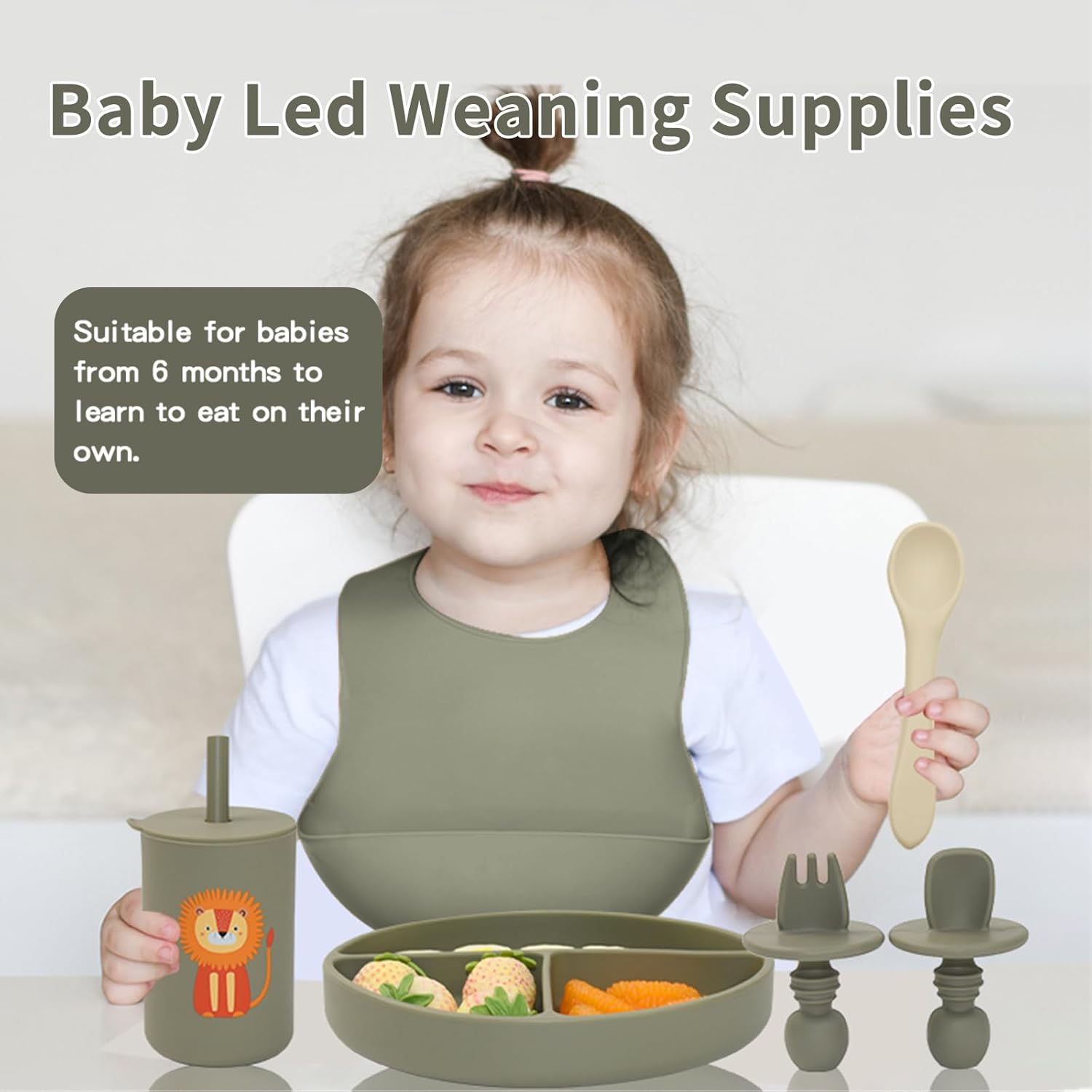 Silicone Baby Feeding Set, Baby Led Weaning Supplies, Baby Spoons Suction Divided Plate Bib Cup, First Stage Solid Food Eating Utensils - 6+ Months(Green-Beige)