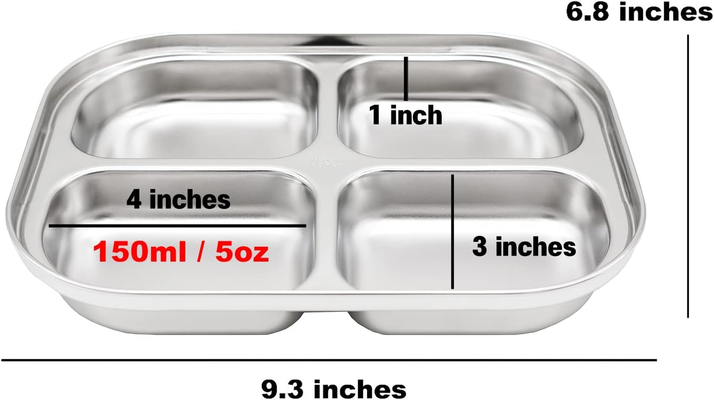 Korean Stainless Steel Divided Plates by KS&E, Little Kids Toddlers Babies Tray, BPA Free, Diet Food Control, Compact Serving Platter, Dinner Snack, 4 Compartment Plate Silver, Set of 2