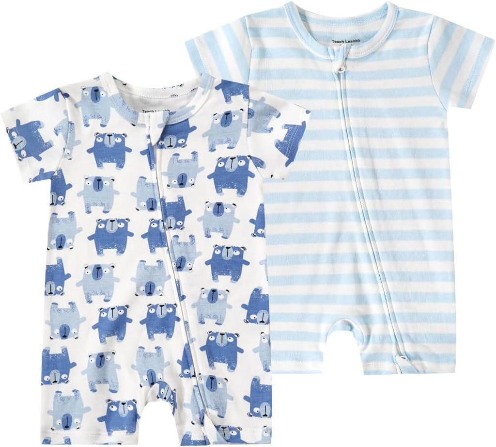 Teach Leanbh Unisex Baby 2 Pack Pajamas Cotton Short Sleeve 2 Way Zipper Printing Soild Romper Jumpsuit Sleep and Play