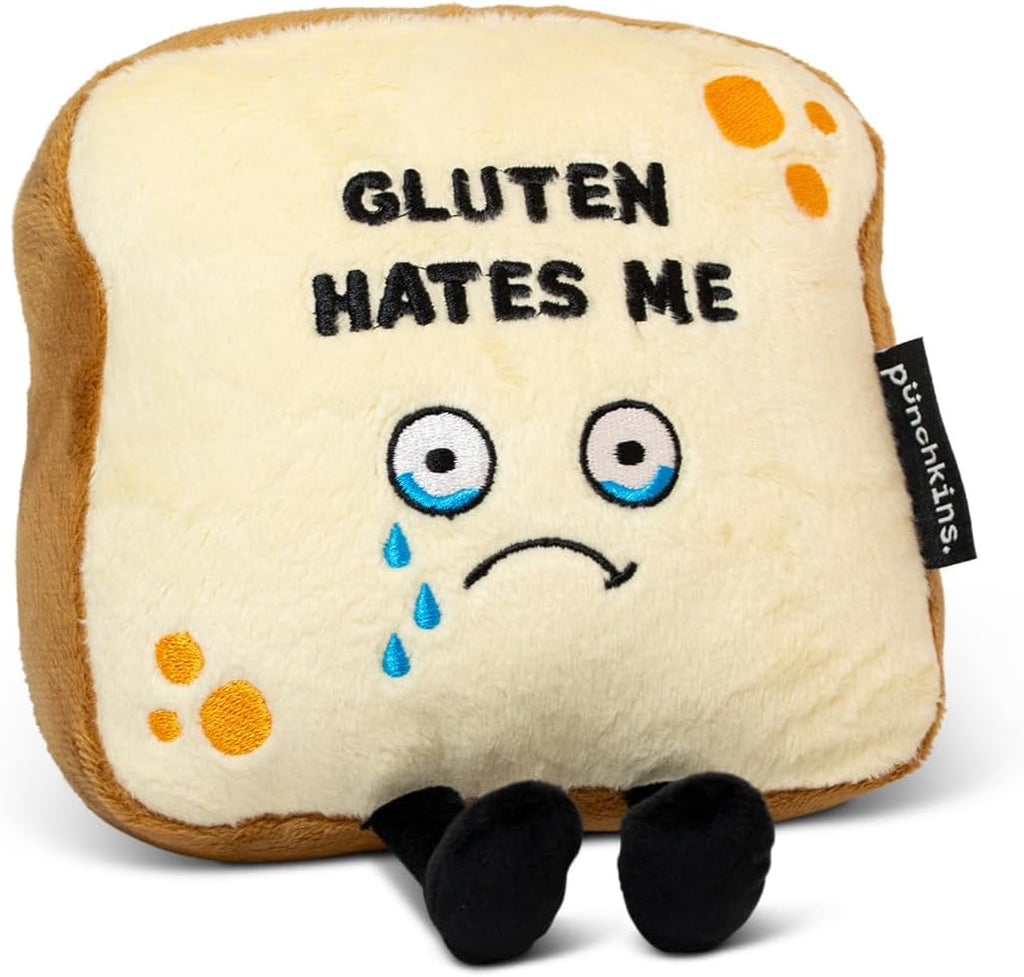 Gluten Hates Me Foodie Plushie, Funny Pun Meme Gag Gift, White Elephant, Stocking Stuffer Present, Great for Emotional Support, Fun Desk Accessory, Weighted Base for Display