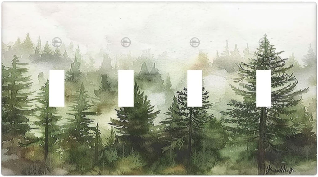 Light Switch Covers Green Forest Watercolor Painting Foggy Pine Quad Toggle Electrical Faceplate 4 Gang Wall Plate Decorative Switch Plates for Bedroom living Room Decor