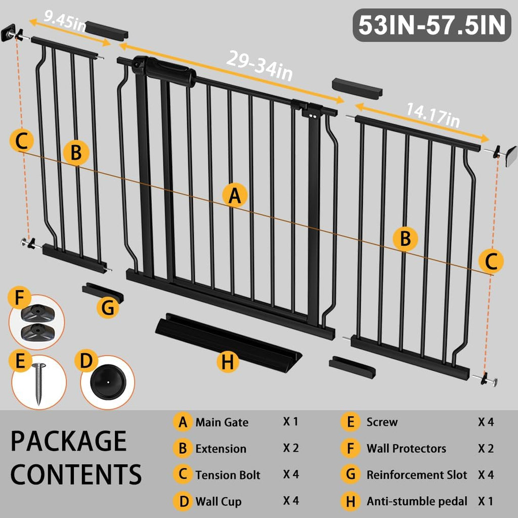 Fairy Baby Extra Wide Baby Gate Black 53-57.5 Inch Wide, Walk Through Pressure Mounted No Drill, Long and Large Tension Gate for Pet and Kids