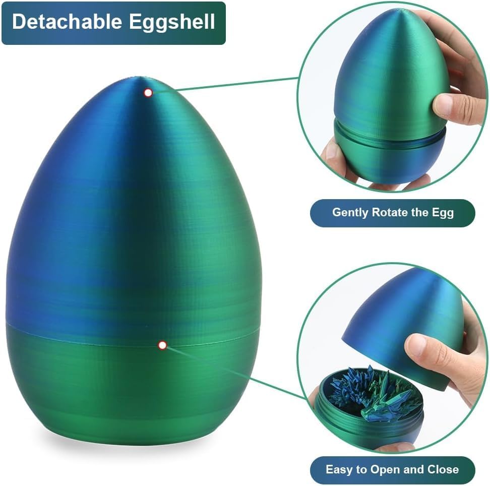 3D Printed Dragon Egg, 3D Dragon Eggs with Dragon Inside, Articulated Crystal Dragon Fidget Toy for Autism/ADHD, Home Decor Executive Desk Dragon Toys for Kids Adults (Laser Green)