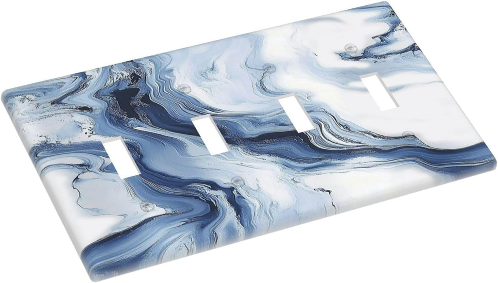 Light Switch Covers White Marble Navy Blue Line Fluid Quad Toggle Electrical Faceplate 4 Gang Wall Plate Decorative Switch Plates For Bathroom Kitchen Decor