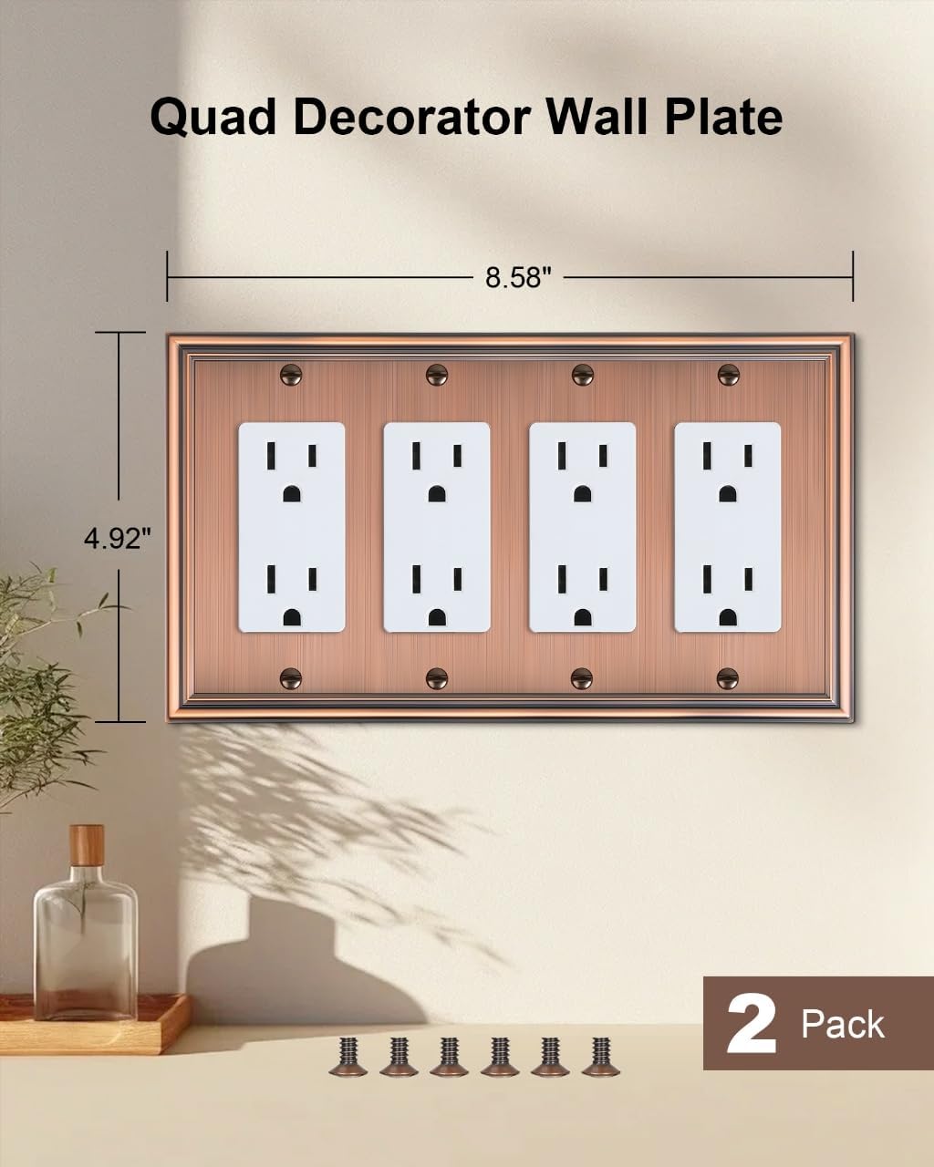 2-Pack Quad Decorator Outlet Cover Plate, Zinc Alloy Antique Copper Switch Plates and Outlet Covers, 4 Gang Wall Plates for Electrical Outlets, Receptacle, GFCI Outlet, Dimmer Switch
