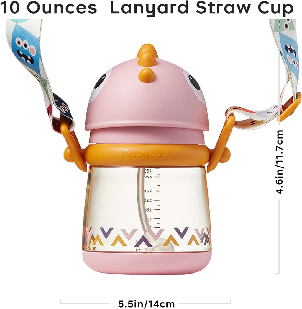 bc babycare Straw Sippy Cups for Toddler, No Spill Sippy Cups for Baby 1+ Year Old, Transition Weighted Sippy Cup with Straw and Strap, 10oz/300ml, Pink