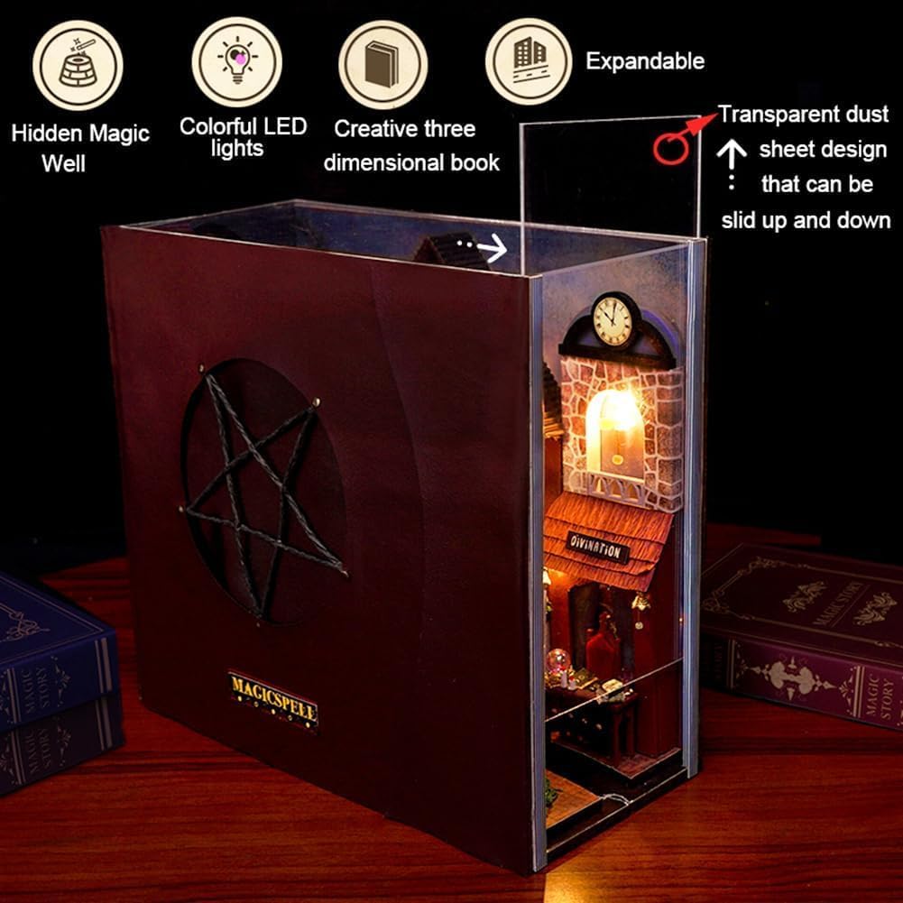 WYD DIY Bookstand Kit British Magic House Street View Architectural Model Handmade Desk Insert Decoration Wooden Mini Doll House Youth and Adult Best Gift