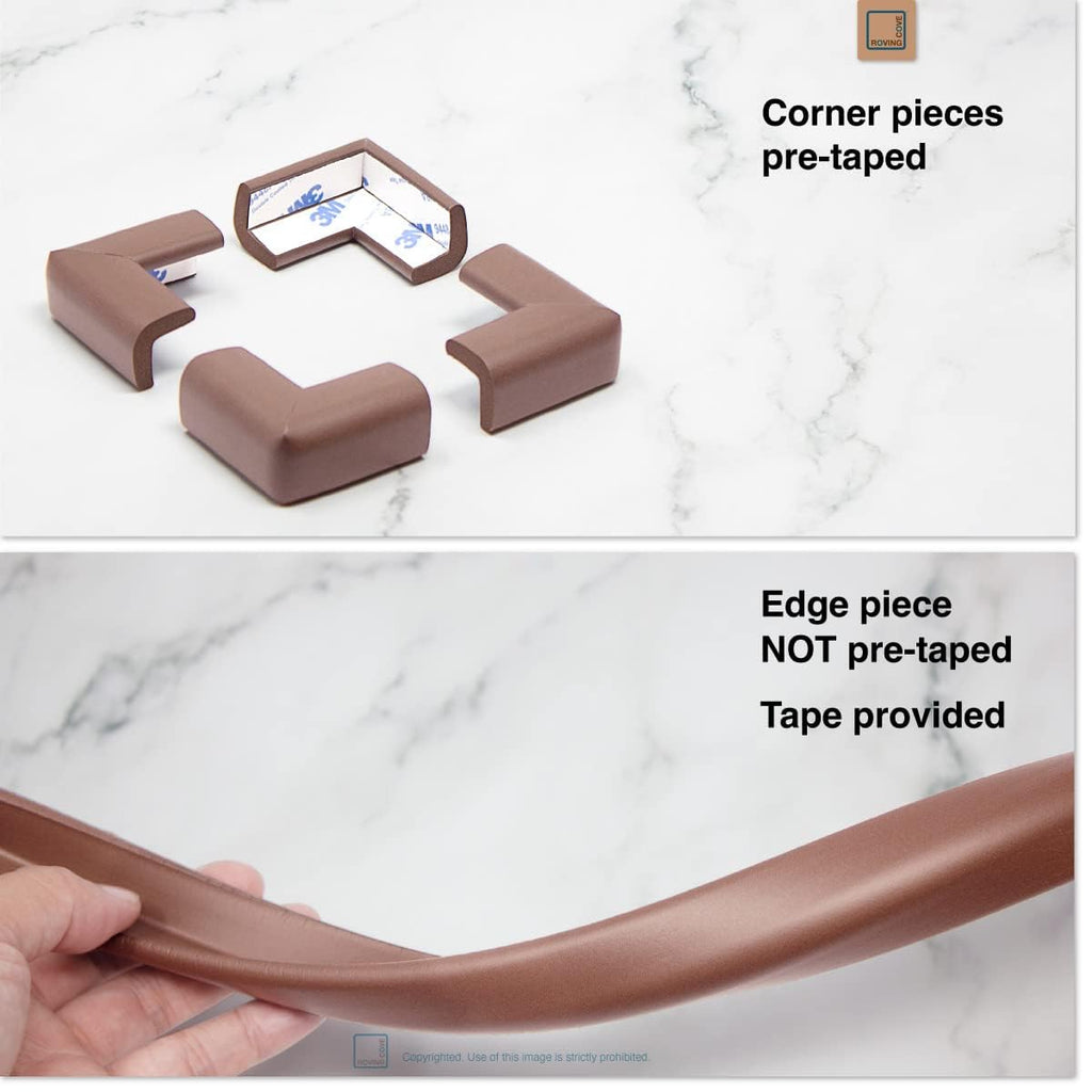 Roving Cove Slim-Fit Corner Edge Protector for Baby Proofing (Small 15ft Edge 4 Corners), Furniture Safety Bumper Guard, Soft NBR Rubber Foam, 3M Adhesive, Coffee Brown