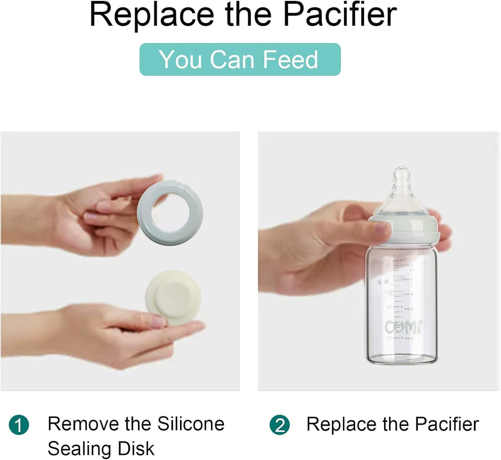 COMI Wide Neck Glass Breastmilk Collection n Storage Bottle, 6oz with Screw Ring Sealing Disk; Re-markable Sealing Disc. BPA Free, Fits Breast Pumps & Nipples (Gray Lids)